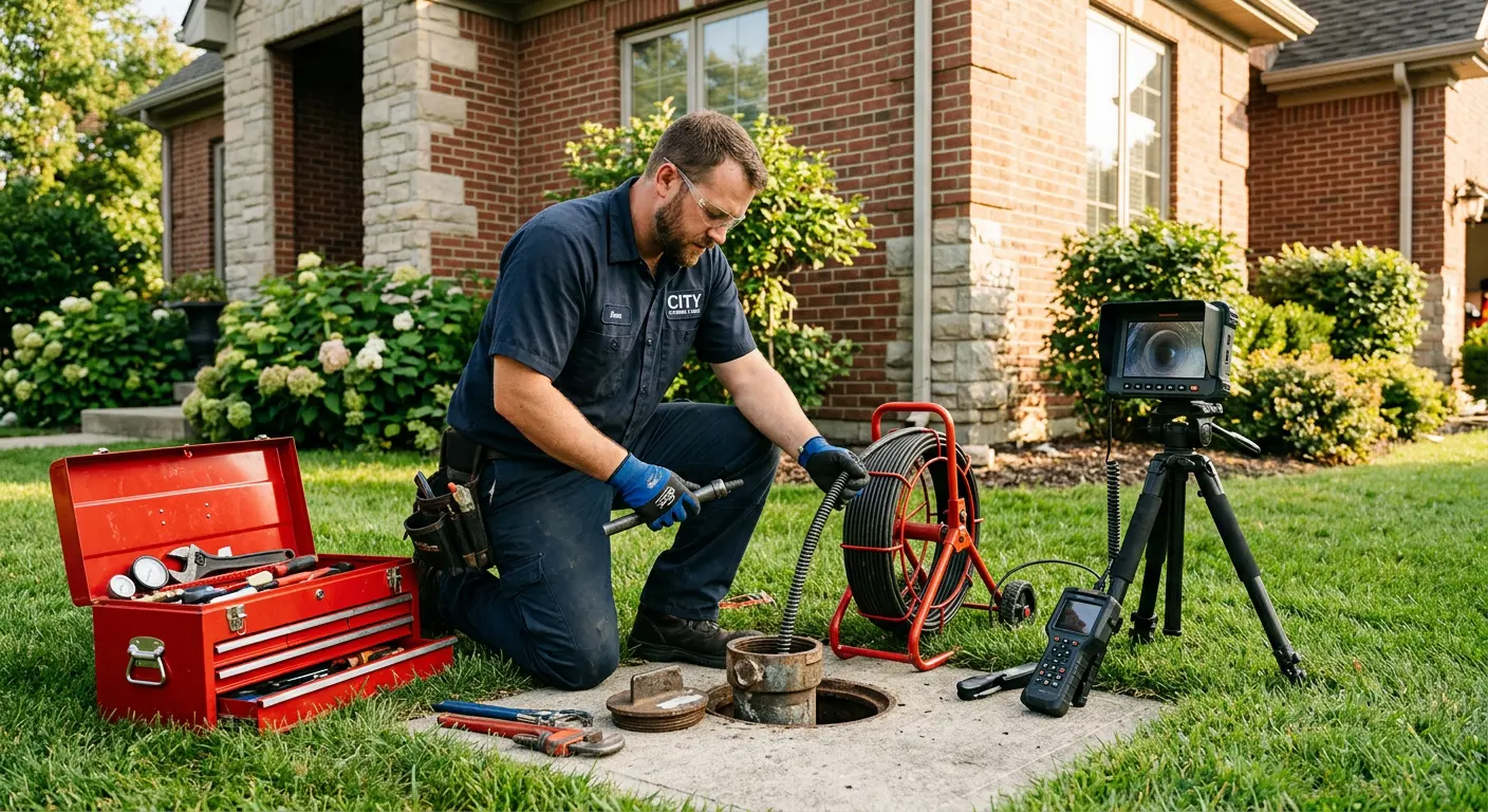 Sewer specialist with camera equipment servicing a cleanout in Fulton