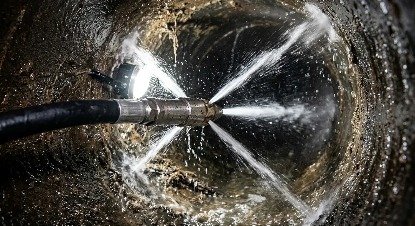 High-pressure hydro jetting nozzle cleaning sewer pipe for Emergency Drain Service in Fulton