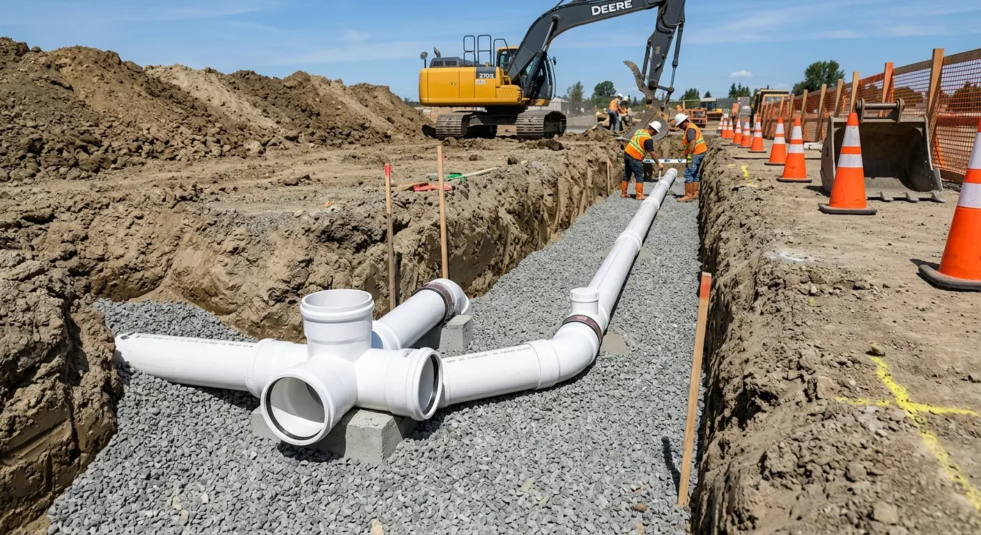 New PVC sewer pipe installation in open trench for Commercial Drain Cleaning in Fulton