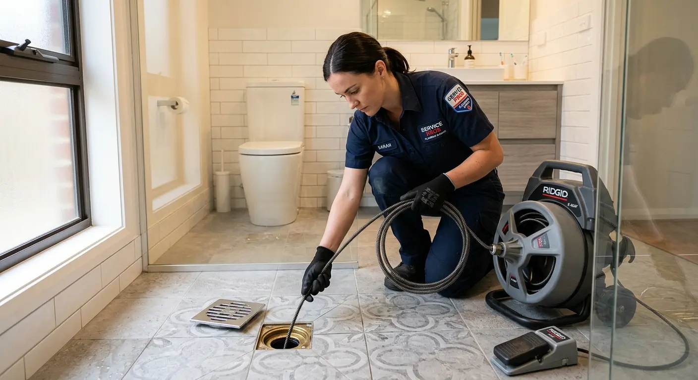 Technician clearing a bathroom floor drain for Drain Repair in Fulton